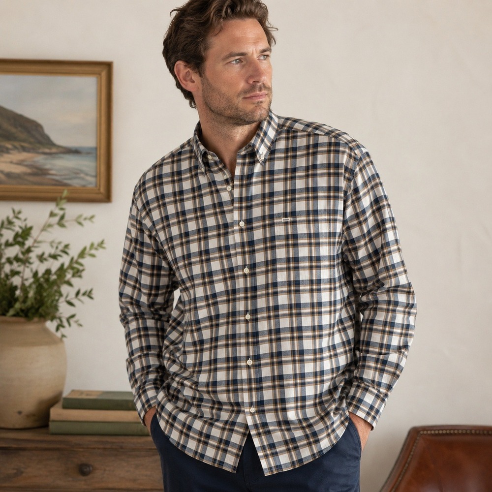 Barbour Mens Plaid Button Down Shirt Sz XL‎ Blue Tan Cotton Coastal Preppy